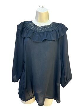 Hayden Los Angeles Women's Small Black Ruffle Neck Crochet Trim Rayon Blouse NWT